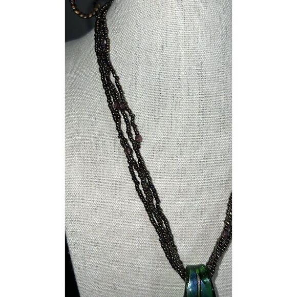 Glass Necklace pendant seed beads rainbow green blue gray metallic EUC boho - Picture 3 of 5